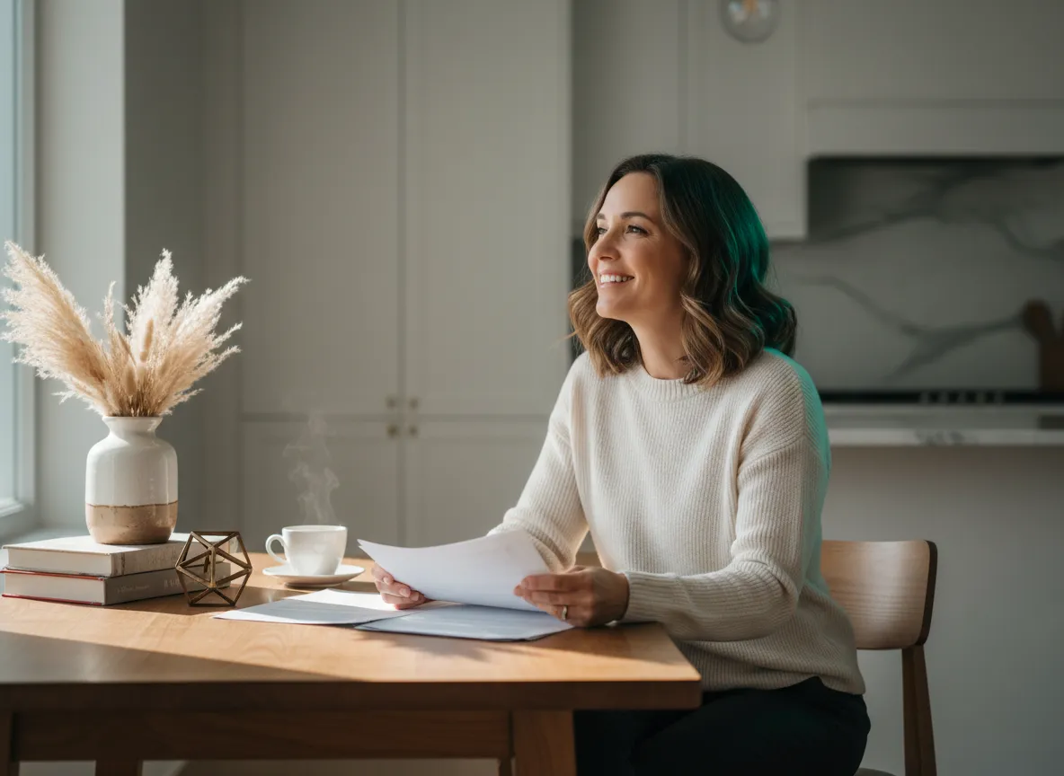 A smiling client feeling relieved and secure after an insurance consultation
