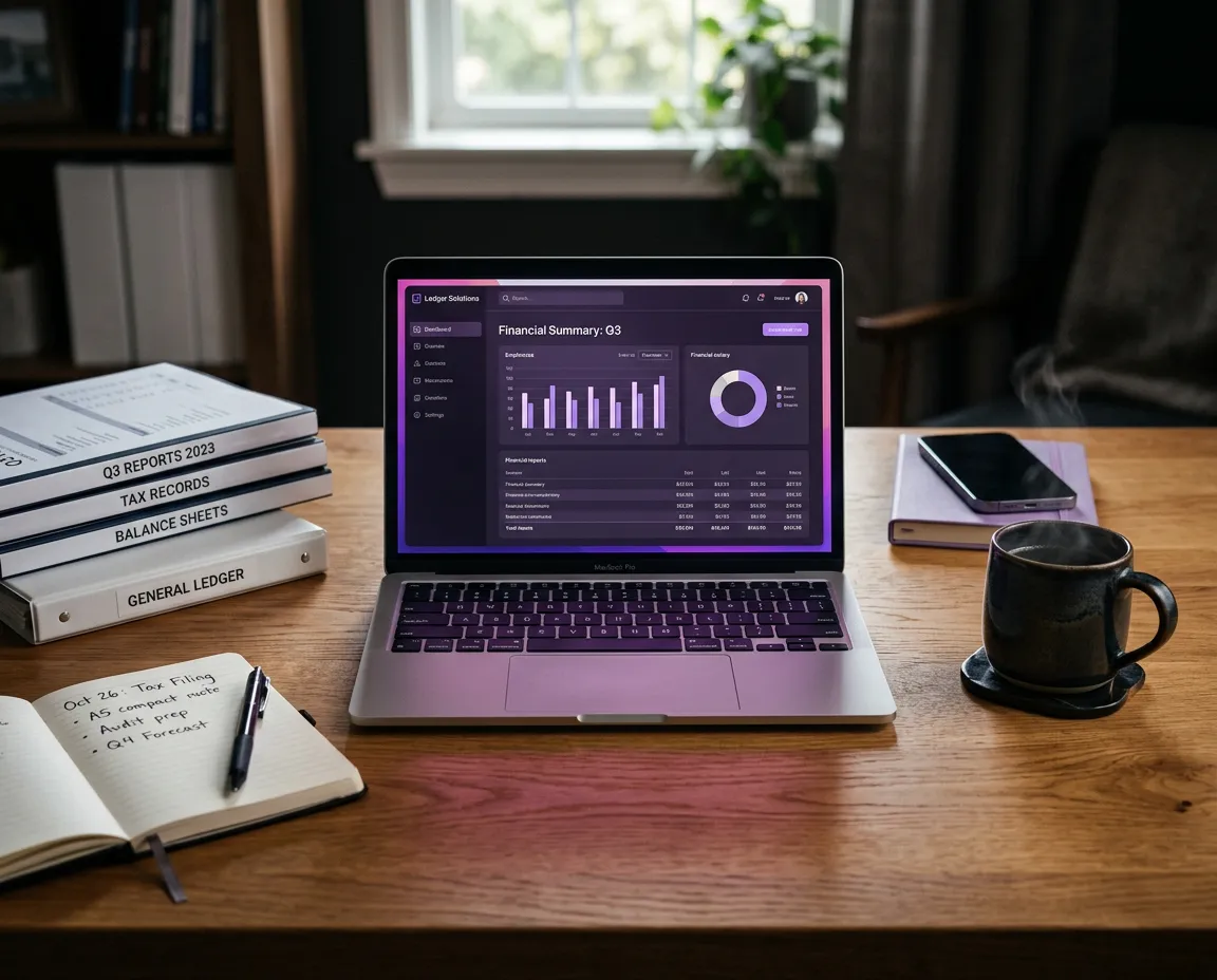 Professional accountant workspace with laptop running accounting software and financial records