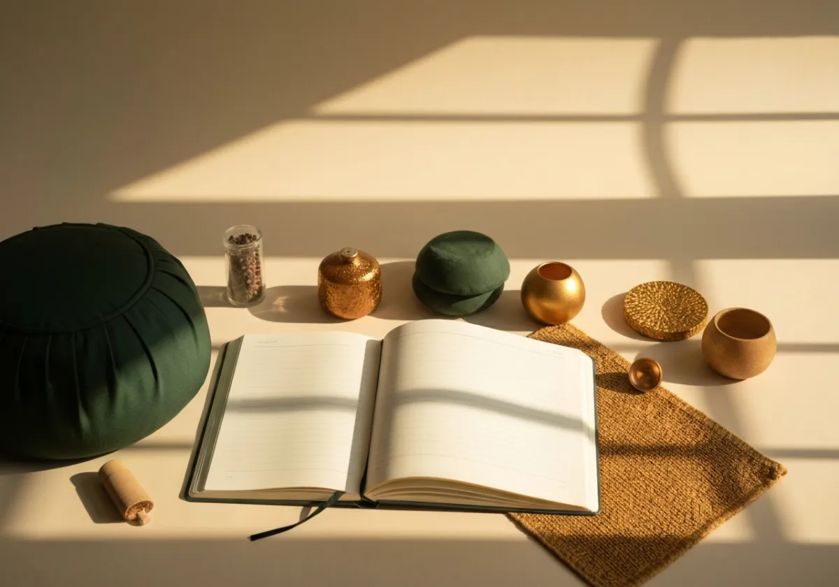 A sunlit room showing meditation cushions and healthy lifestyle accessories.