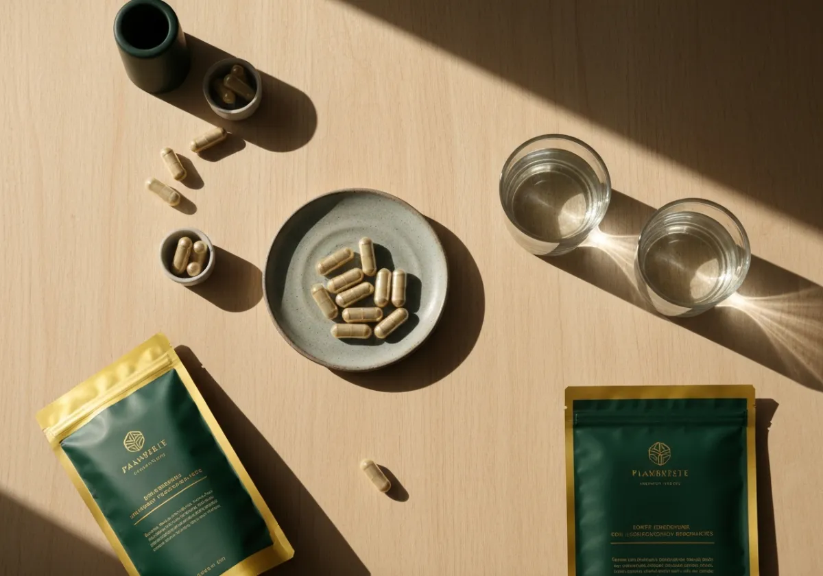 A curated arrangement of high-quality dietary supplements on a wooden surface.