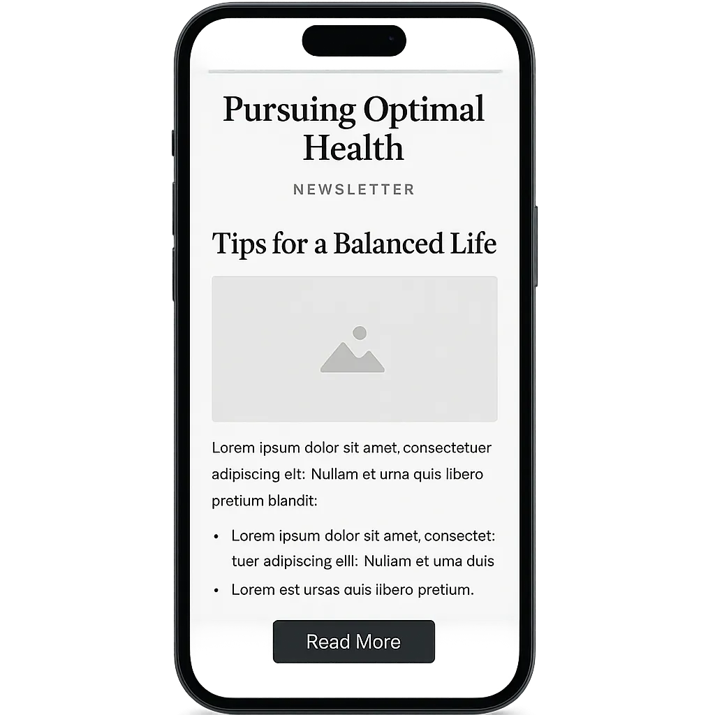 Premium phone mockup displaying a clean, editorial newsletter email focused on health vitality