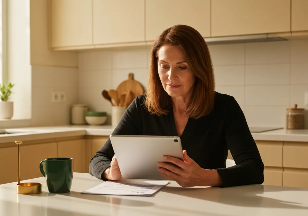A warm lifestyle photo showing an adult over 50 reading a comprehensive lab report.