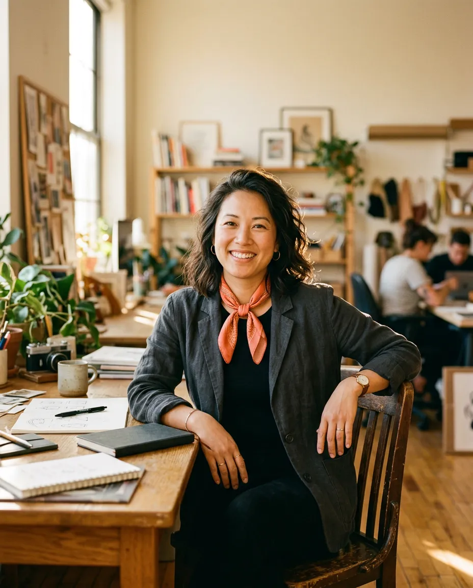 Candid, approachable portrait of the Amplify Creative founder collaborating in a sunlit creative workspace