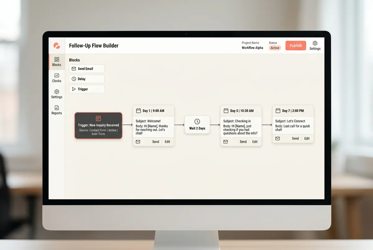 Clean automated follow-up workflow sequence UI preview with trigger nodes and scheduled messaging
