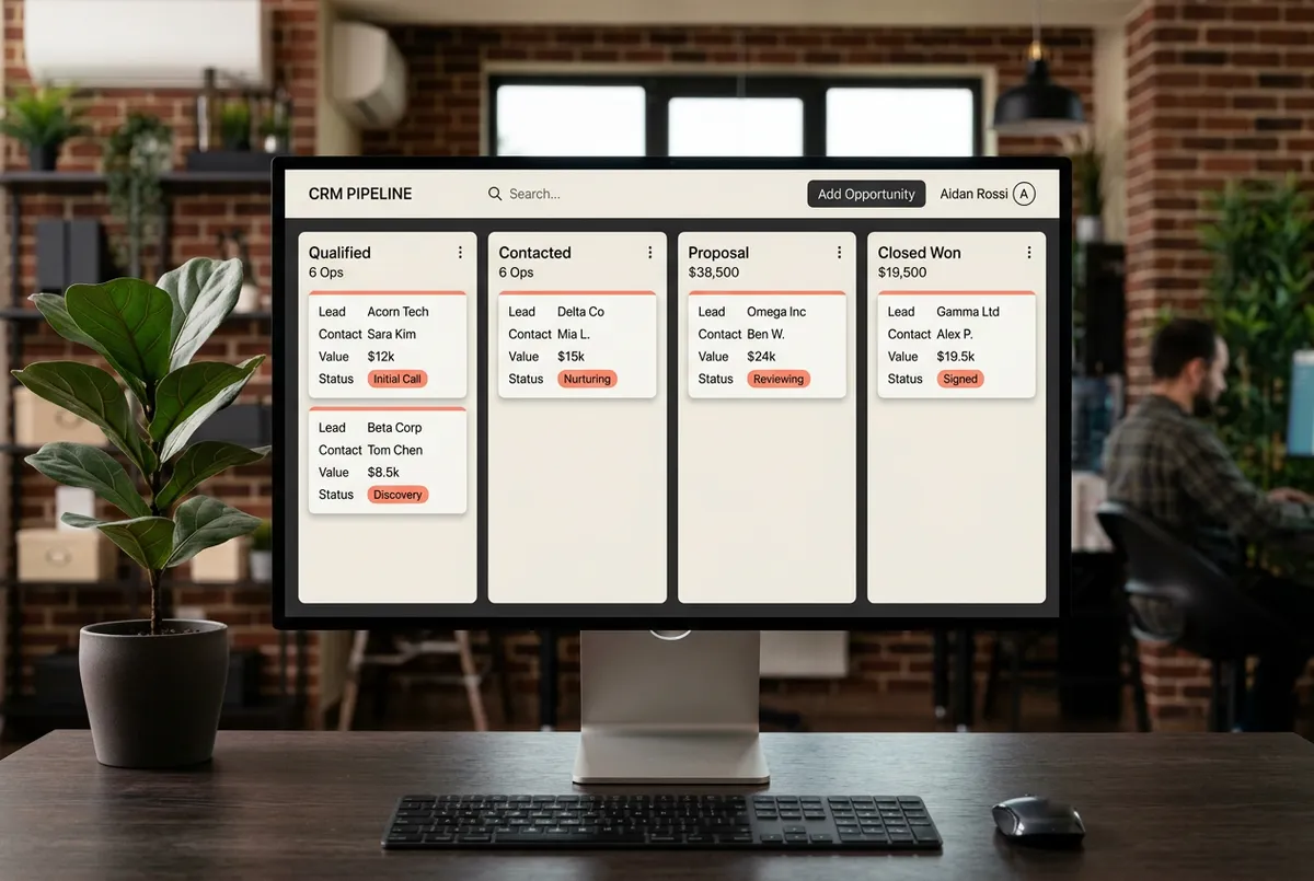 Clean abstract CRM pipeline board showing stages and customer opportunity cards with coral status accents
