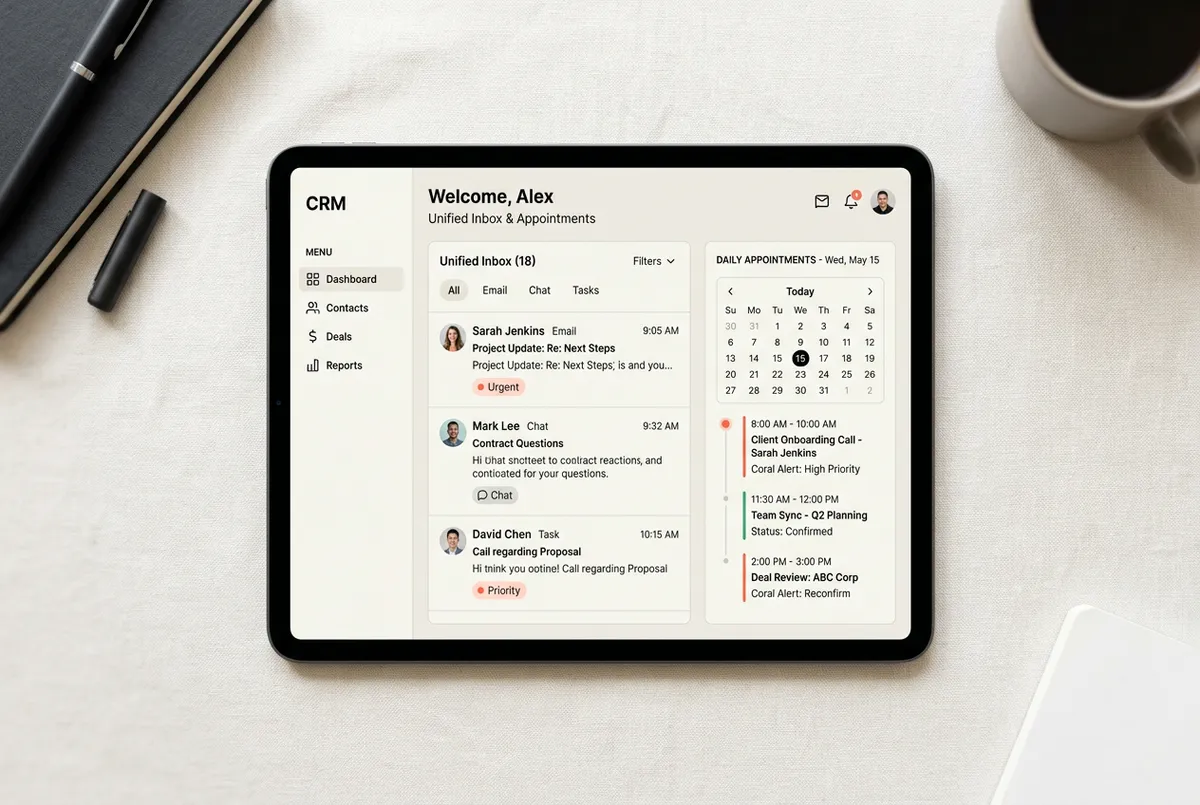Clean CRM unified inbox and daily appointment calendar interface with priority communication alerts