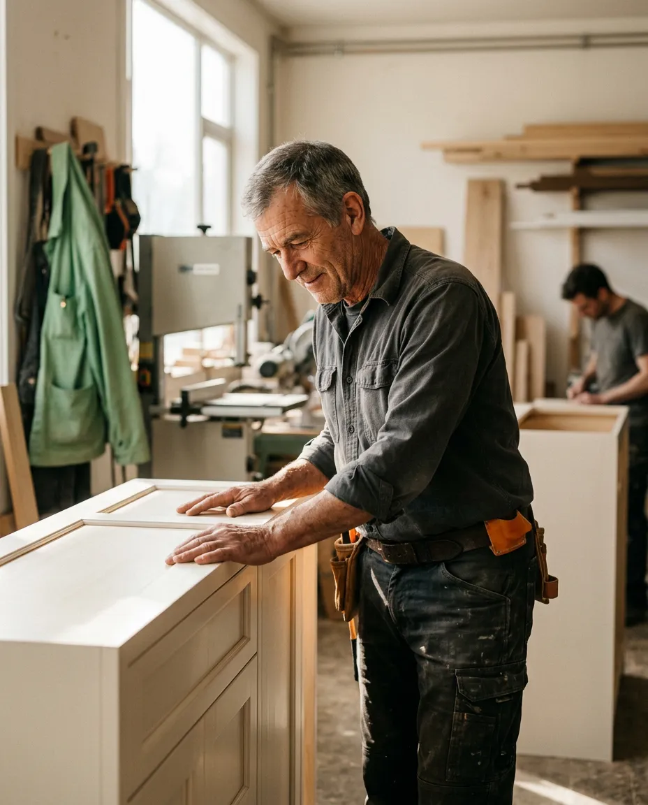 Dedicated local craftsman inspecting quality work on site