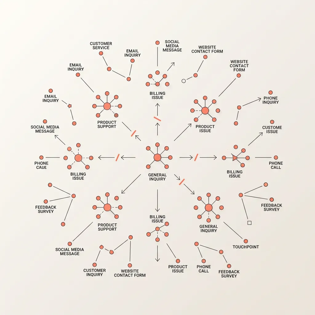 Minimalist diagram of scattered touchpoints, disconnected inquiries, and broken communication pathways