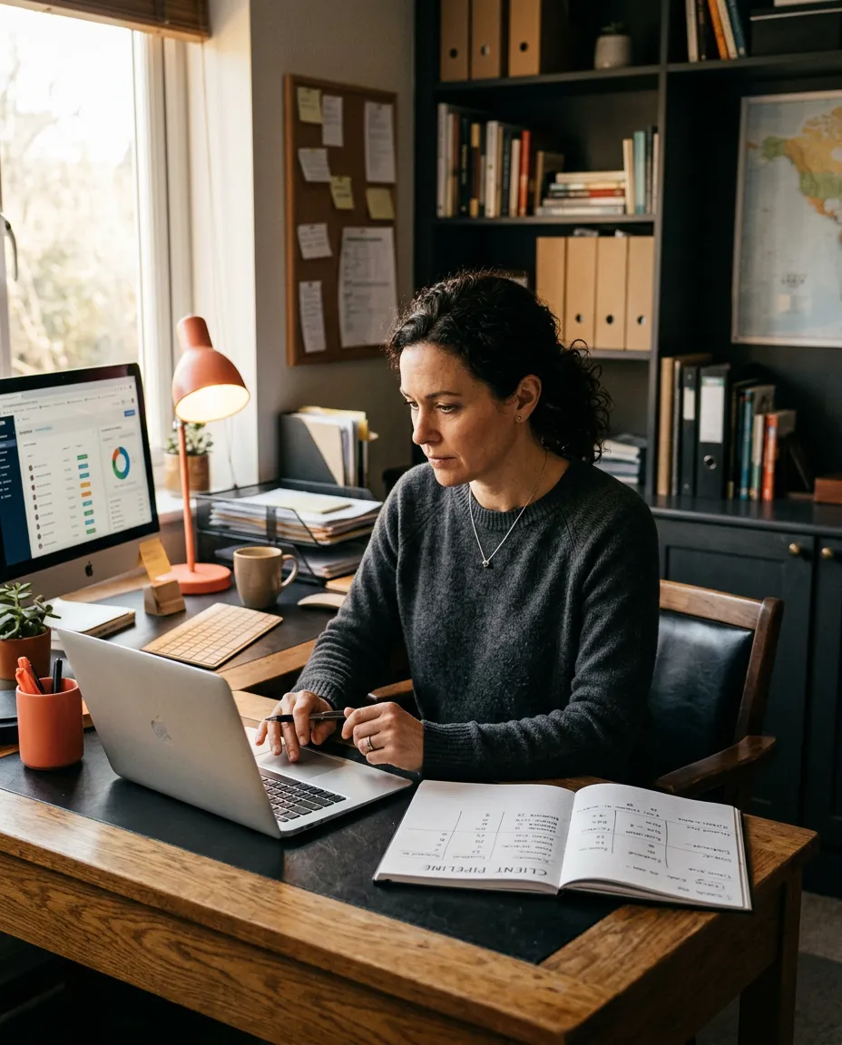 Local business owner focused at desk managing client pipeline and customer communication