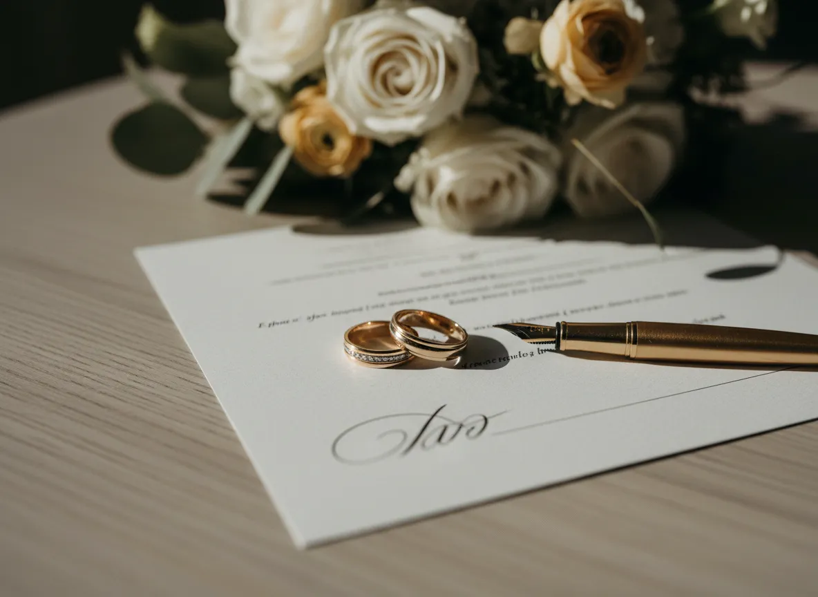 Wedding rings and signing pen on official marriage documents