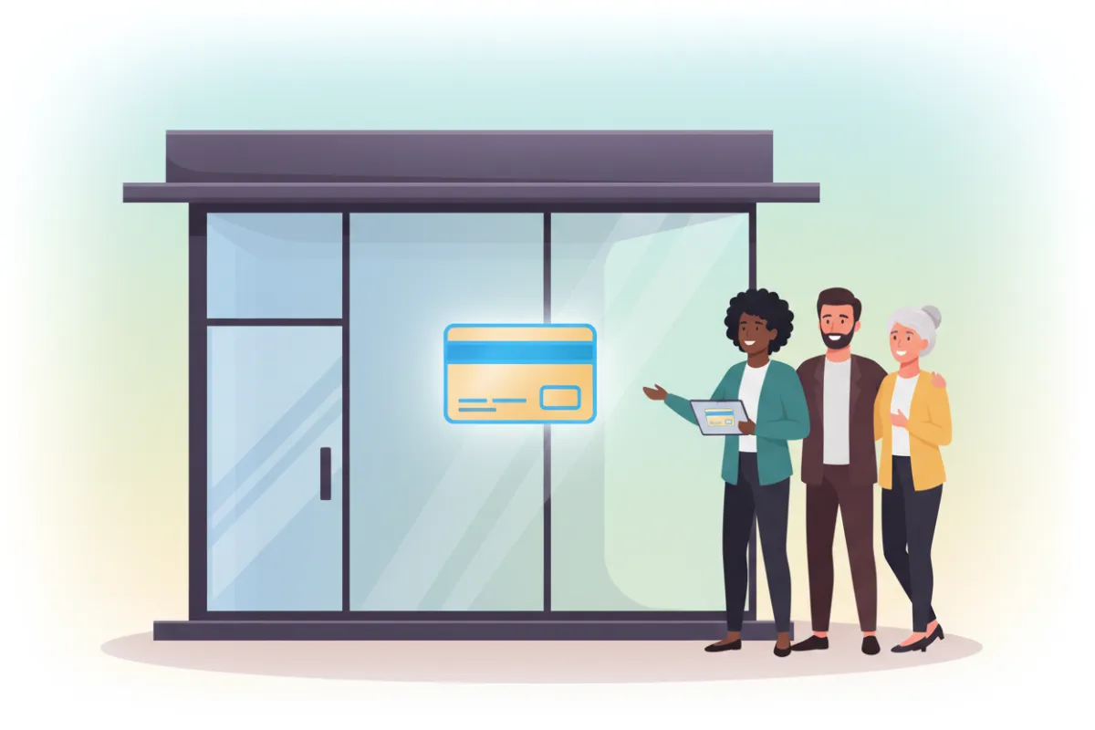 A digital illustration of a small business storefront with a modern, glass facade, a digital gift card icon displayed on the window, and diverse business owners smiling outside. The background features a soft gradient, and the scene feels welcoming, professional, and aspirational.