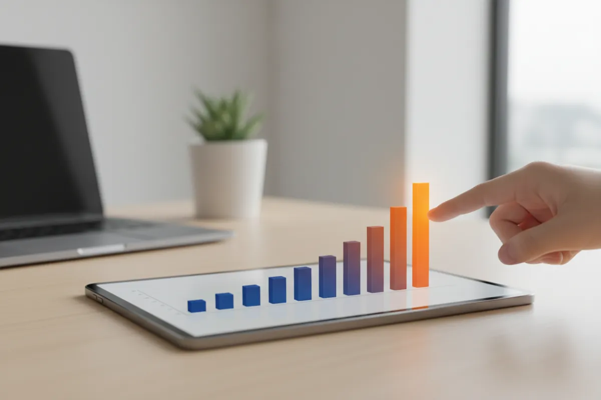 A dynamic bar graph on a digital tablet shows a sharp upward trend, with a hand pointing to the highest bar. The setting is a modern workspace, and the color palette features orange and blue accents, symbolizing growth and success.