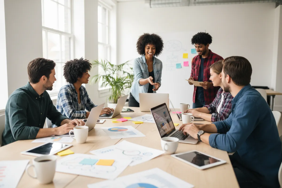 Diverse marketing team collaborating around a table with laptops, coffee, and creative materials, in a bright, modern workspace. Realistic photographic style, 3:2 aspect ratio.