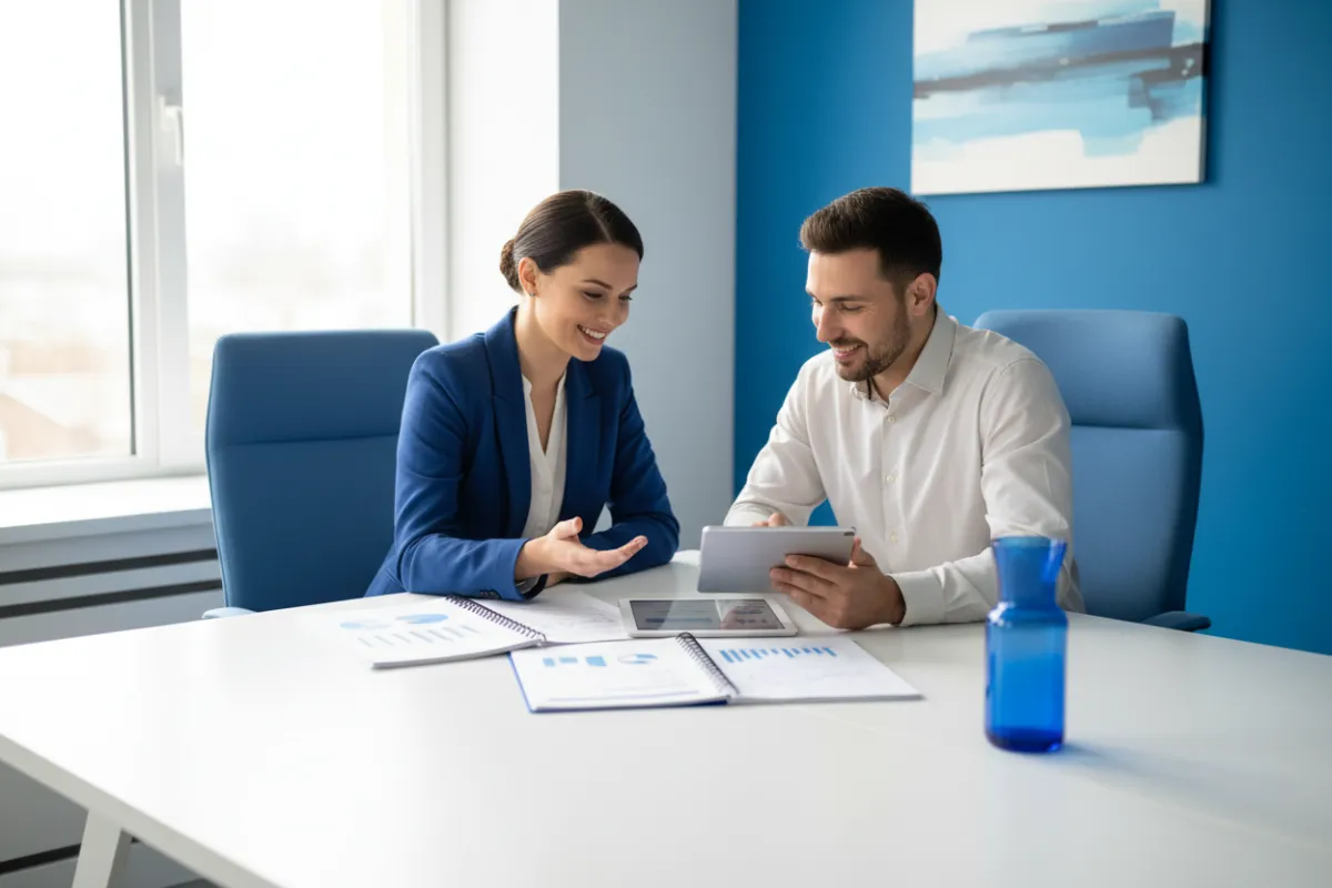 A confident business consultant sits at a modern desk, reviewing marketing plans with a small business owner. The office features blue accents and natural light, conveying professionalism and optimism; both are engaged and smiling, suggesting a productive partnership.