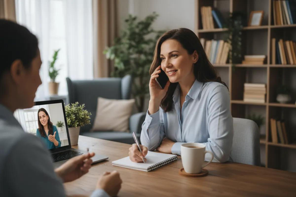 Small business owner on a phone call with a marketing expert, sitting at a desk with a notepad and coffee, in a cozy home office. Realistic photographic style, 3:2 aspect ratio. The scene conveys approachability and support.