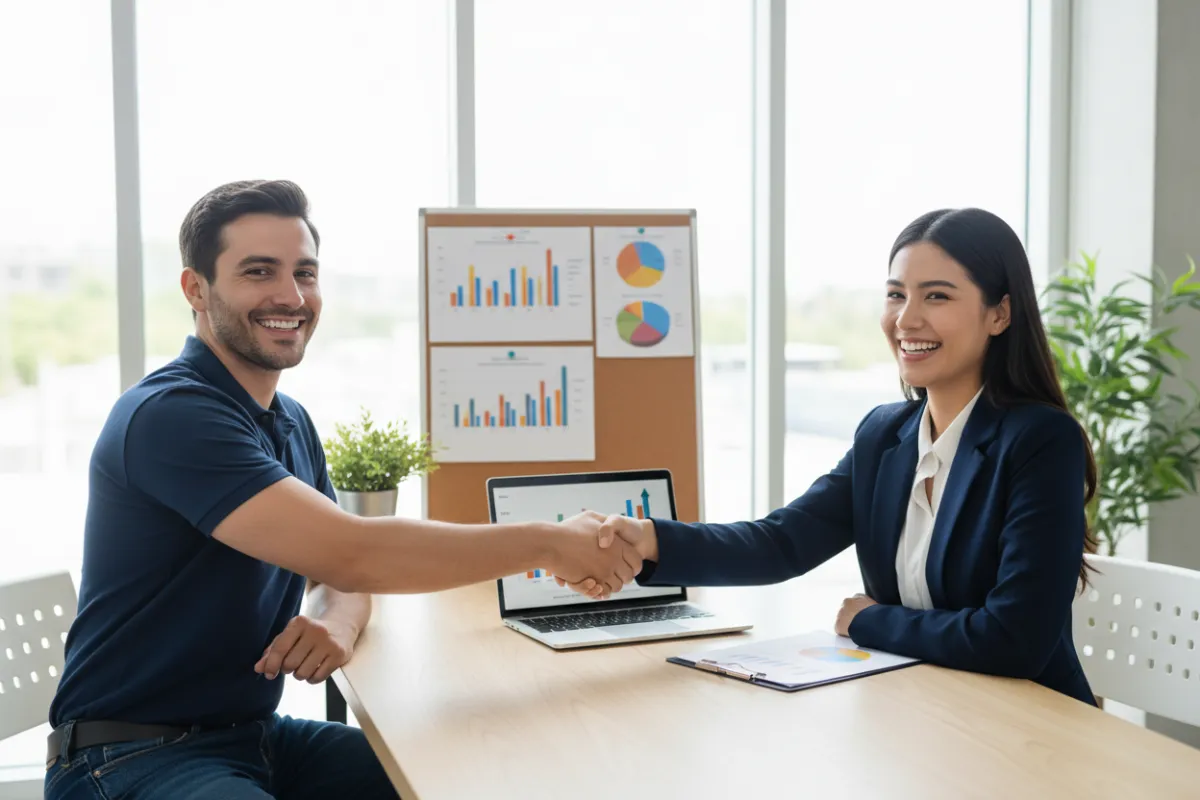 Confident marketing consultant shaking hands with a small business owner in a modern office, both smiling, with a laptop and marketing charts on the table. Bright, energetic lighting, realistic photographic style, 3:2 aspect ratio.