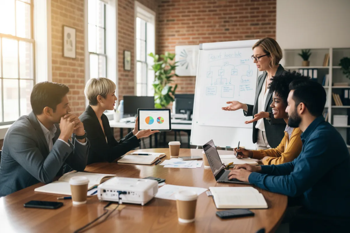A diverse group of small business owners and a consultant gather around a table, discussing marketing strategies in a bright, collaborative workspace.