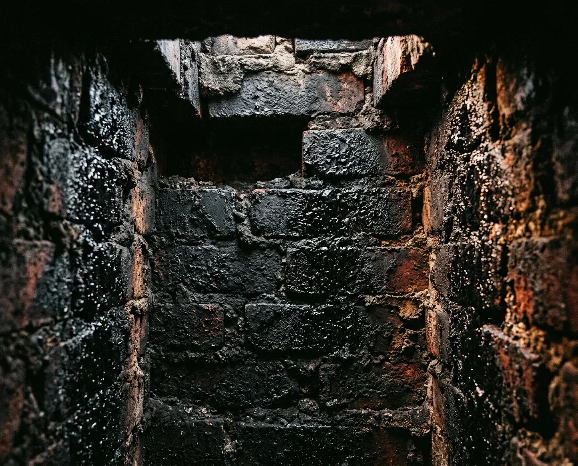 Industrial close-up of severe creosote buildup and dense soot glaze inside an untreated chimney flue