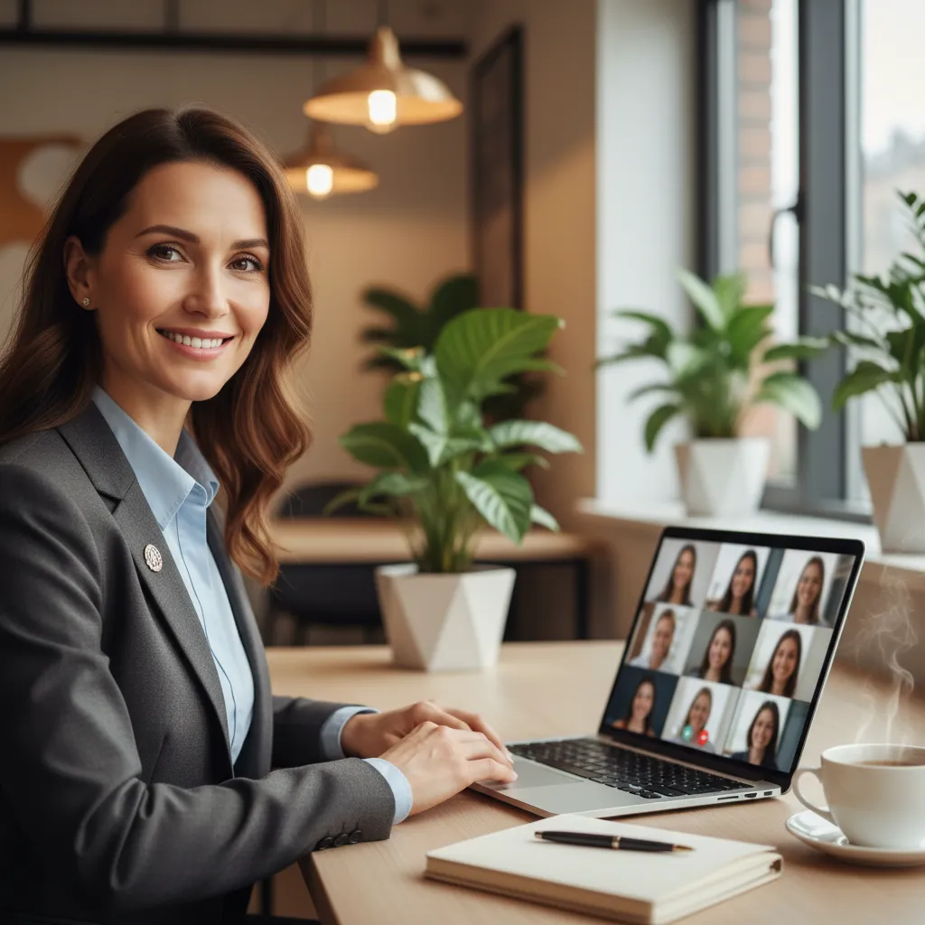 A close-up of a friendly professional on a video call, with a laptop and notepad on a tidy desk. The background shows a modern office with plants and soft lighting, conveying approachability and expertise.