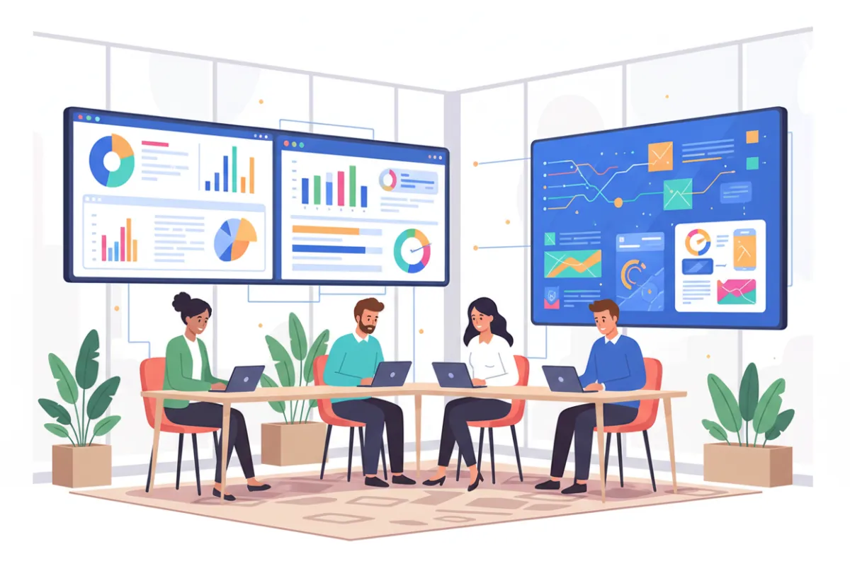 A vibrant, modern workspace with a diverse team collaborating over digital devices, large screens displaying e-commerce dashboards, and creative design sketches. The setting is bright, energetic, and professional, reflecting innovation and teamwork.