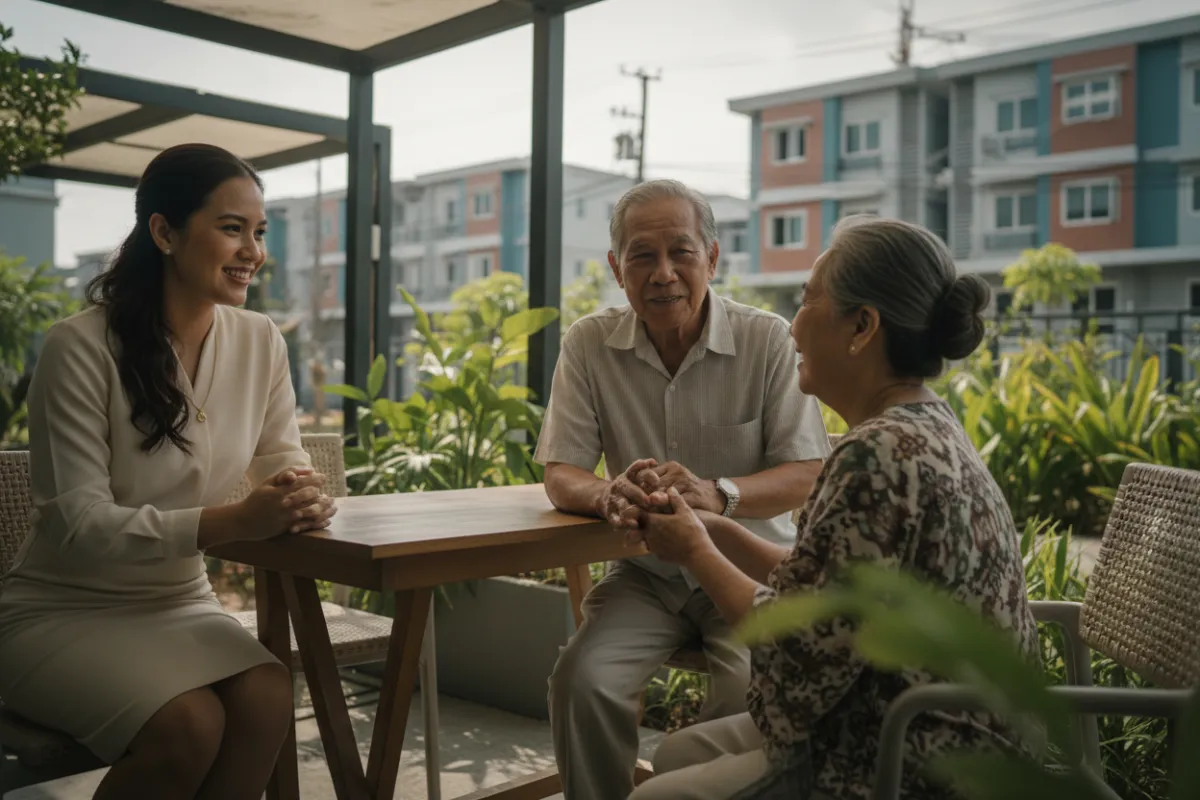 A realistic photograph of a Filipino woman real estate broker standing with an elderly Filipino couple, professional and warm, suitable for a memorial park landing page.