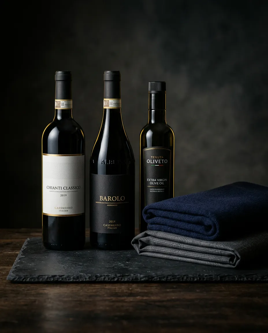 Eccellenza dei prodotti italiani di lusso, calici di vino e tessuti pregiati