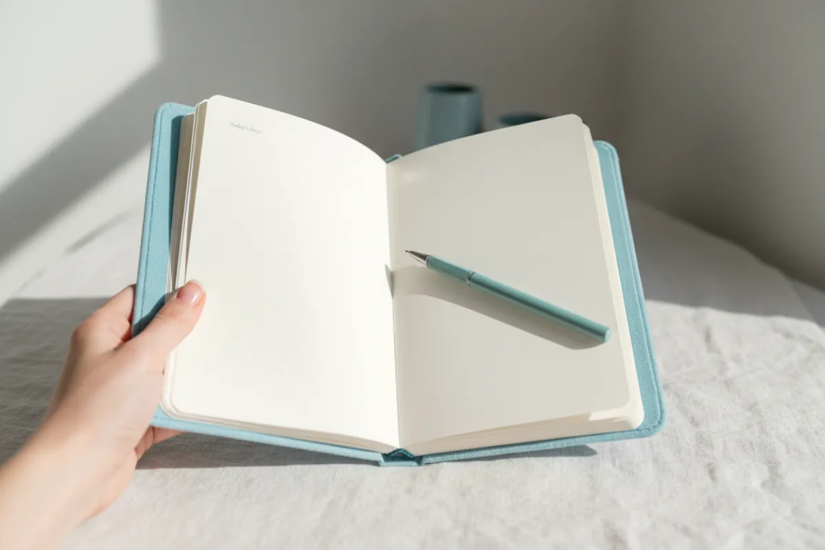 A hand holding a soft blue journal open to a page titled 'Today’s Joys', with a muted teal pen resting on the page, set on a white linen surface. The scene is bright, airy, and evokes a sense of peaceful reflection.