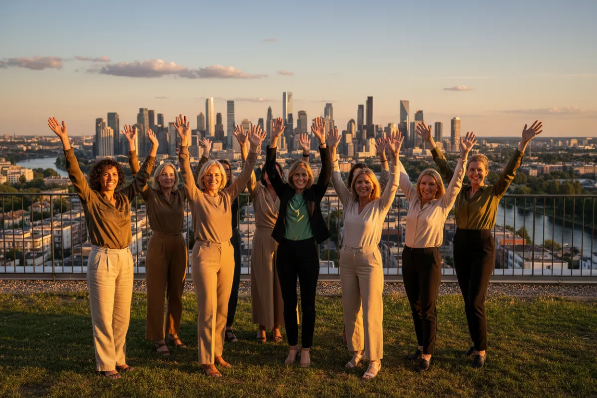 A group of women standing together outdoors, arms raised in celebration, with a city skyline in the background. The women are smiling and diverse in age and ethnicity, symbolizing empowerment, unity, and achievement in a vibrant, natural light setting.