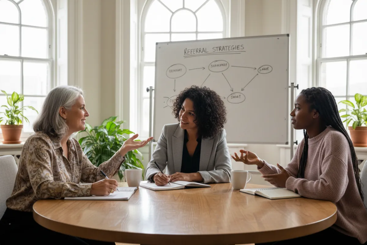 Women collaborating in a coaching session, sharing ideas and supporting each other in a bright, welcoming space.