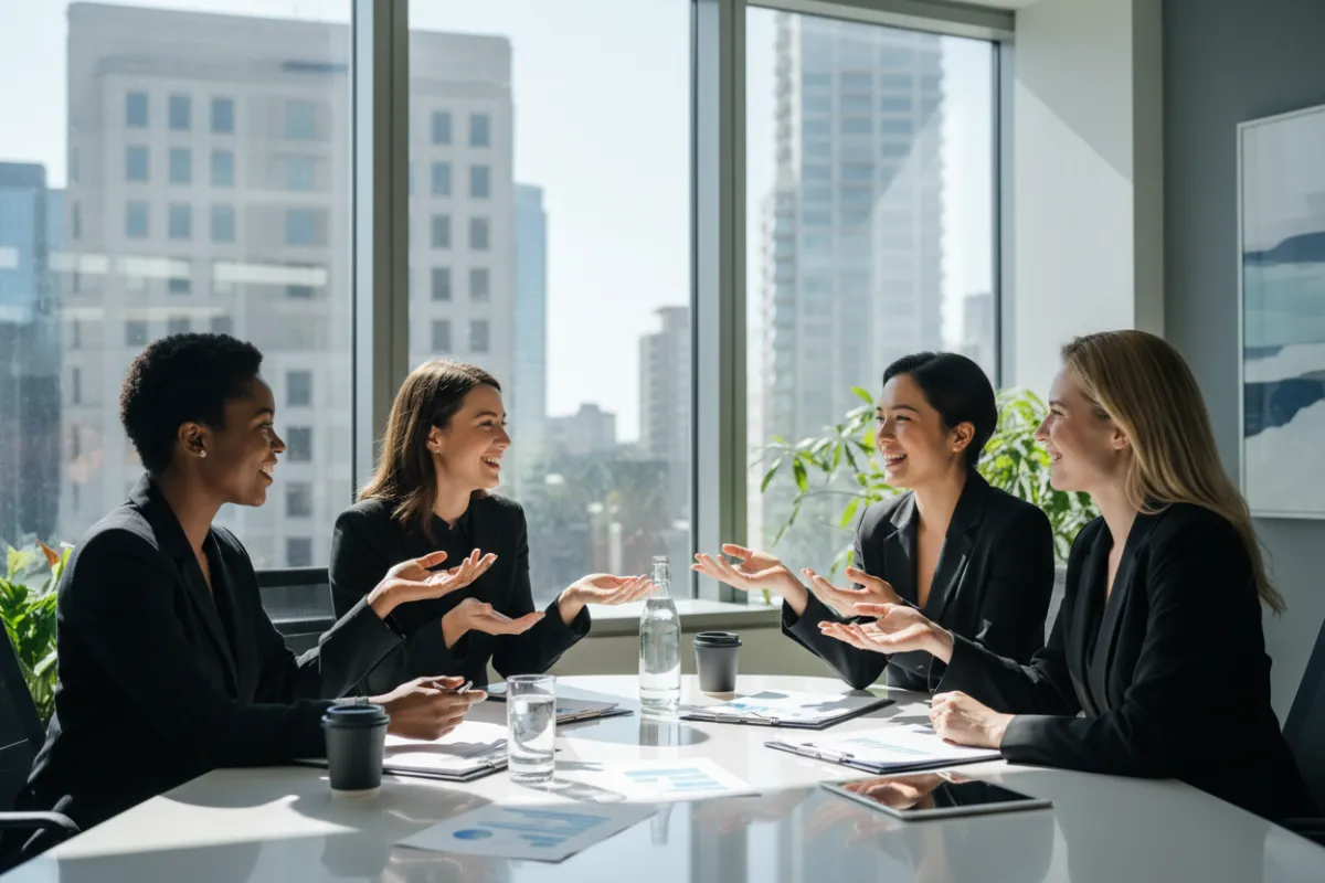 A diverse group of professional women in business attire, gathered in a bright, modern office space, engaged in a collaborative discussion.