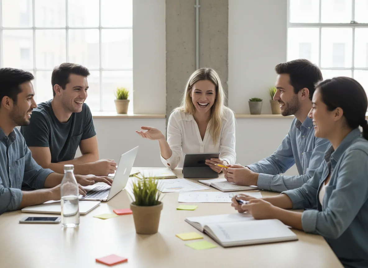 Time da agência Ryvor em reunião descontraída