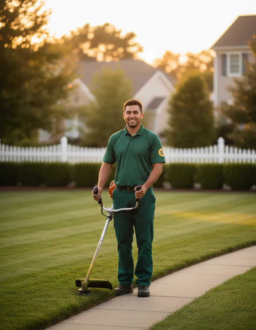 Friendly lawn care professional working on a pristine yard