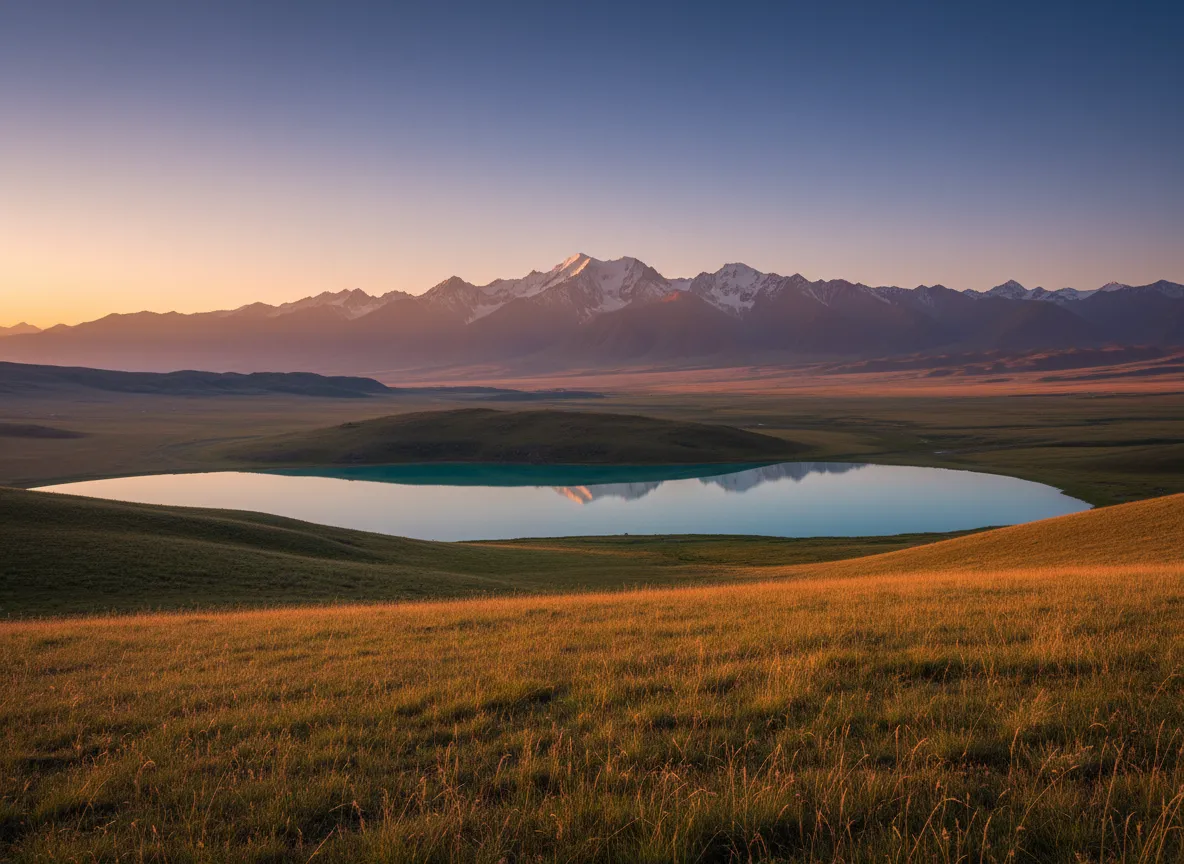 Paisajes de Kazajistán con montañas, lago y estepa