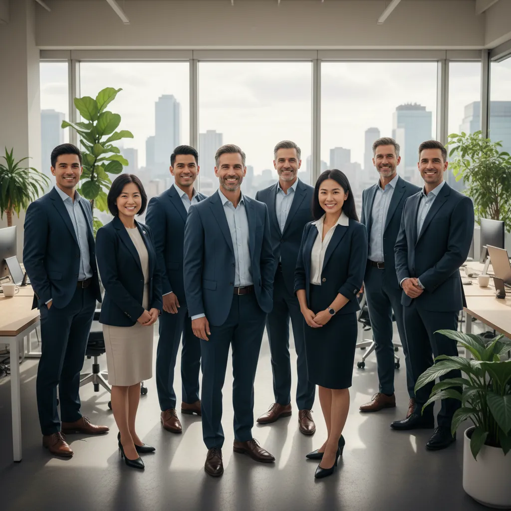 Diverse team of financial advisors in a modern conference room, reviewing documents and digital charts. The group includes men and women of various ages and backgrounds, all dressed in business attire. The setting is bright, open, and professional.