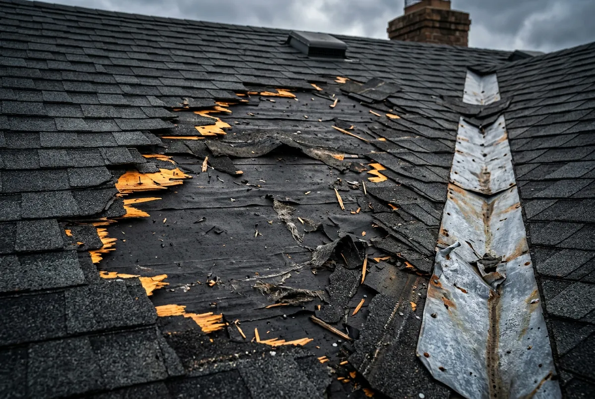 Exposed plywood roof decking and damaged metal flashing