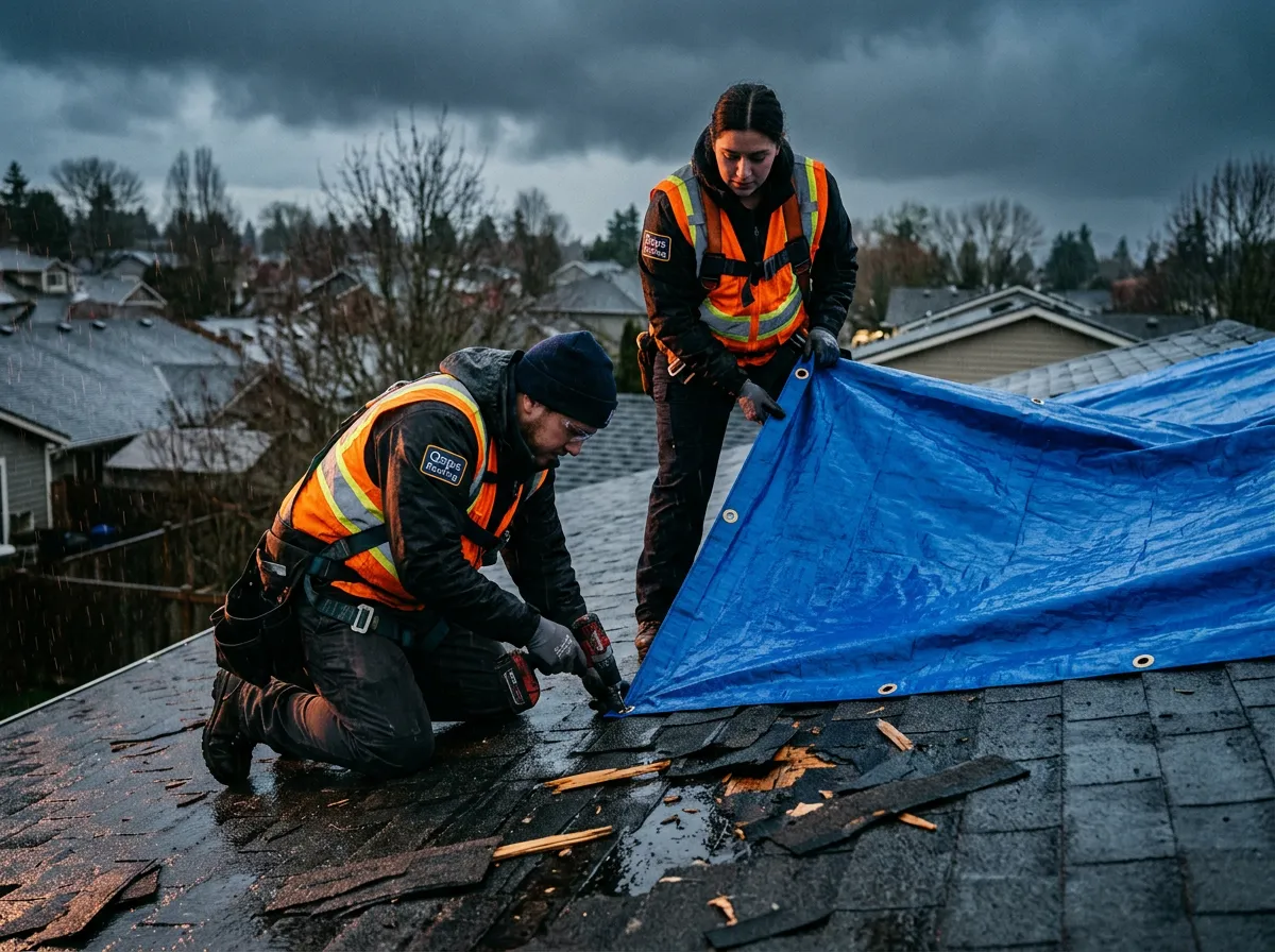 Qsps roofing professionals conducting emergency storm damage mitigation and stabilization on a residential roof