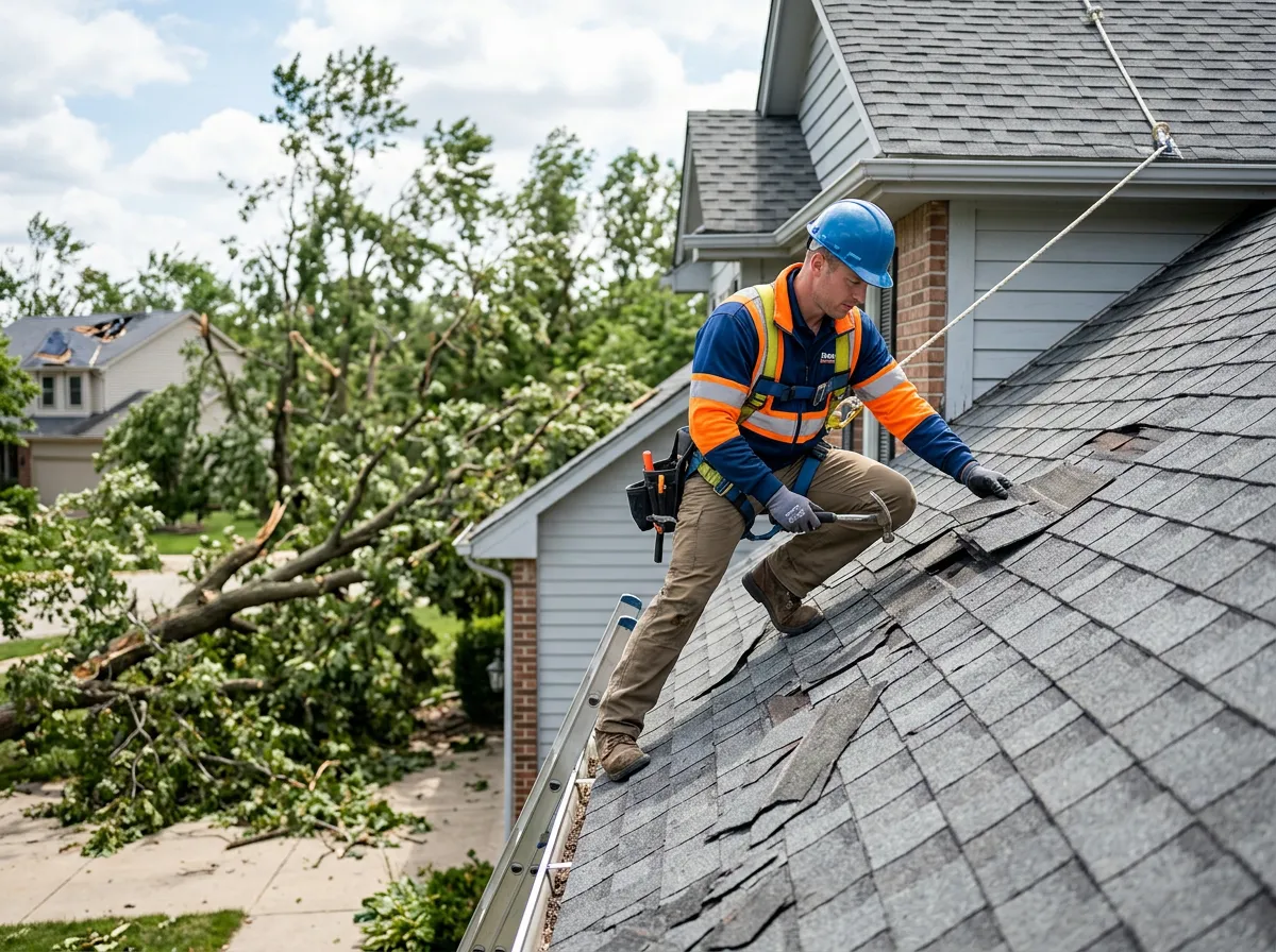 Professional roofing technician conducting a detailed storm damage assessment