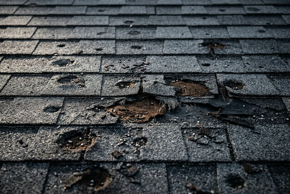 Severe wind-lifted and missing shingles on residential roof