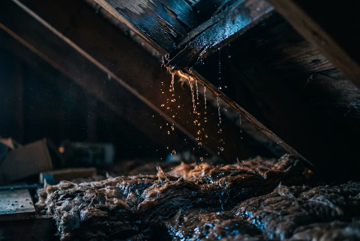 Active water leaking through roof underlayment into home attic