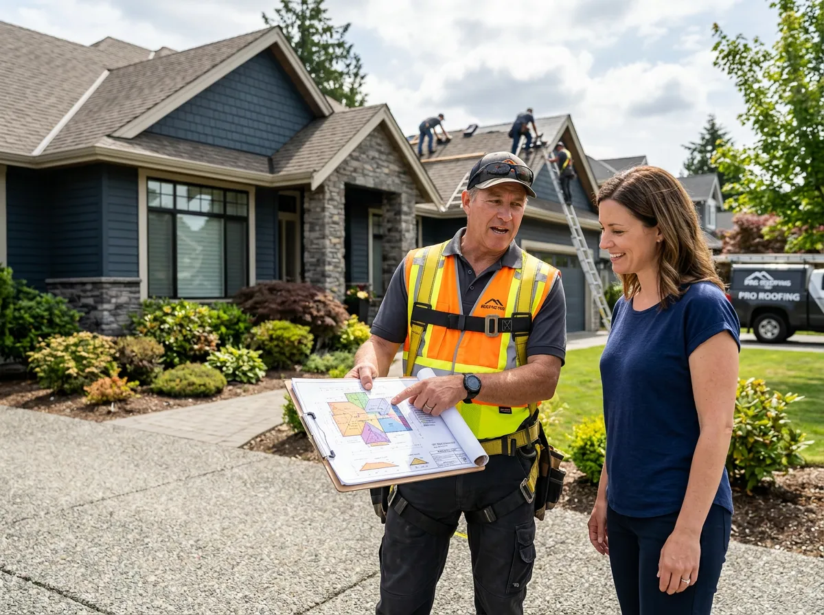 Veteran roofer consulting homeowner with architectural blueprints and roofing plans