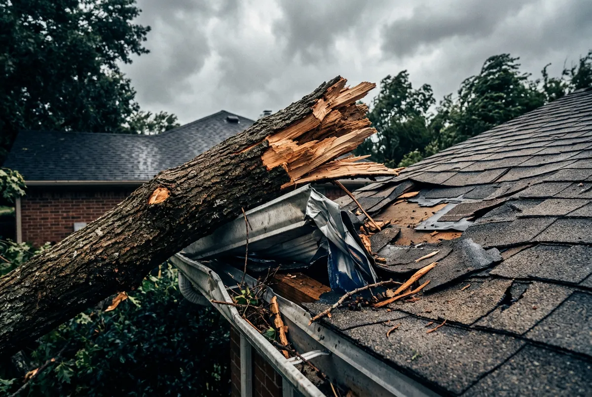 Heavy tree limb fallen on roof causing structural compromise