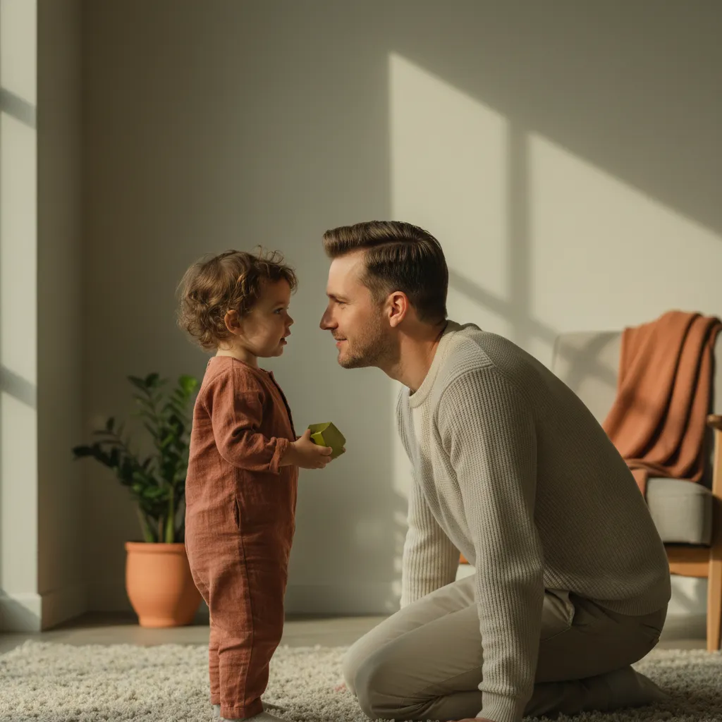 Ein Vater hört seinem Kind aufmerksam und auf Augenhöhe zu