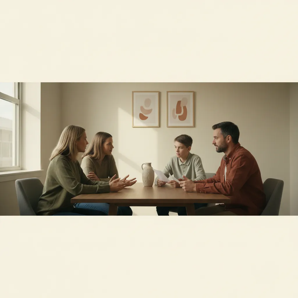 Familie löst einen Konflikt am Esstisch durch ruhiges Sprechen