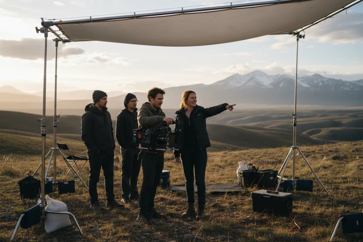 Plan paysage documentaire, deux personnes en interaction naturelle, lumière douce, composition studio sur le terrain, style photoréaliste.
