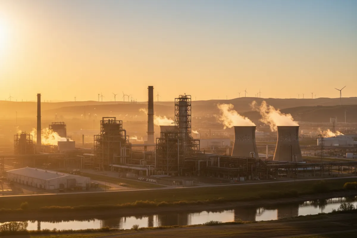 Plan paysage large montrant un paysage industriel lumineux et compressé, style cinématographique, lumière naturelle dorée, composition centrée pour format bandeau, photoréaliste, utilisé comme visuel d'accroche.