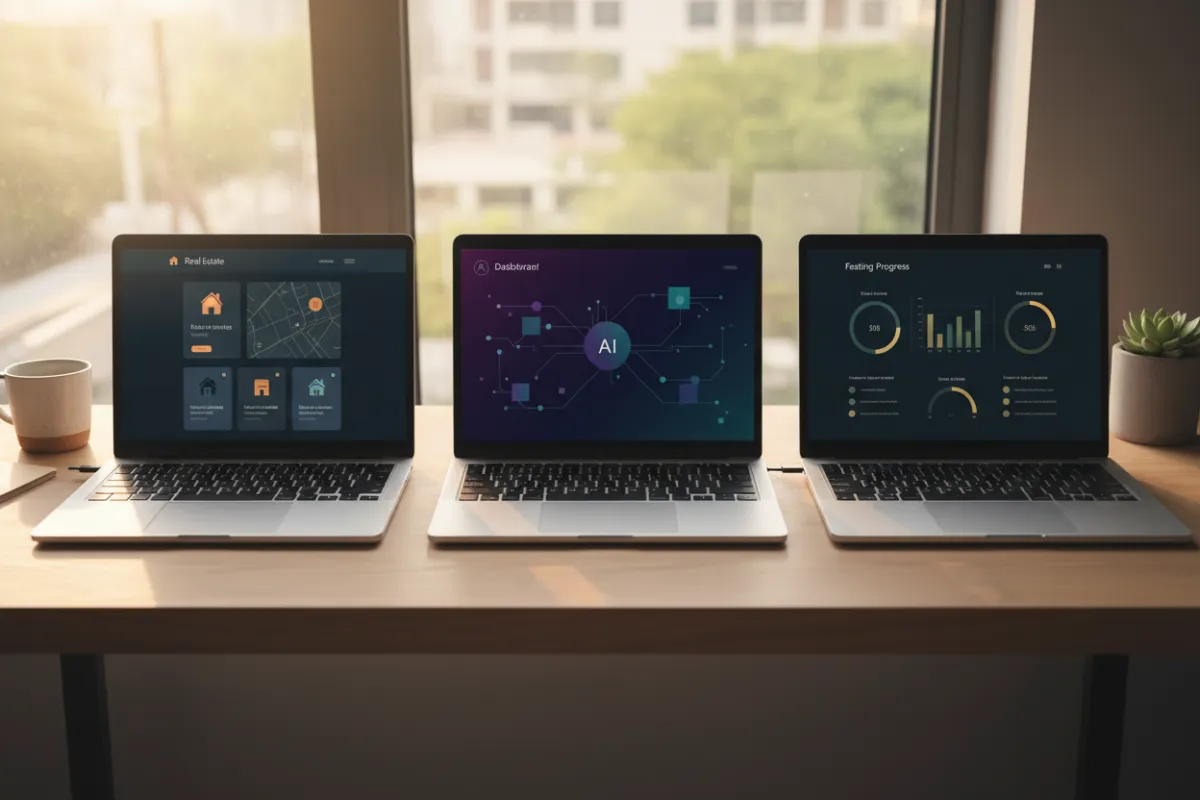 Three open laptops showing real estate, AI, and fasting blog content on a modern desk, photorealistic editorial style.