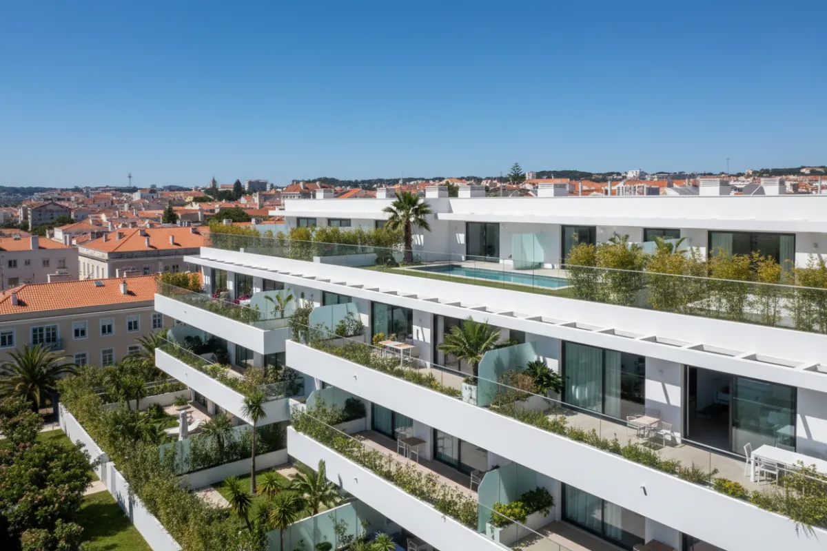 Vista aérea de um edifício residencial moderno em Lisboa, com varandas ensolaradas e jardins bem cuidados, céu azul ao fundo, estilo realista, composição horizontal, sem pessoas visíveis.