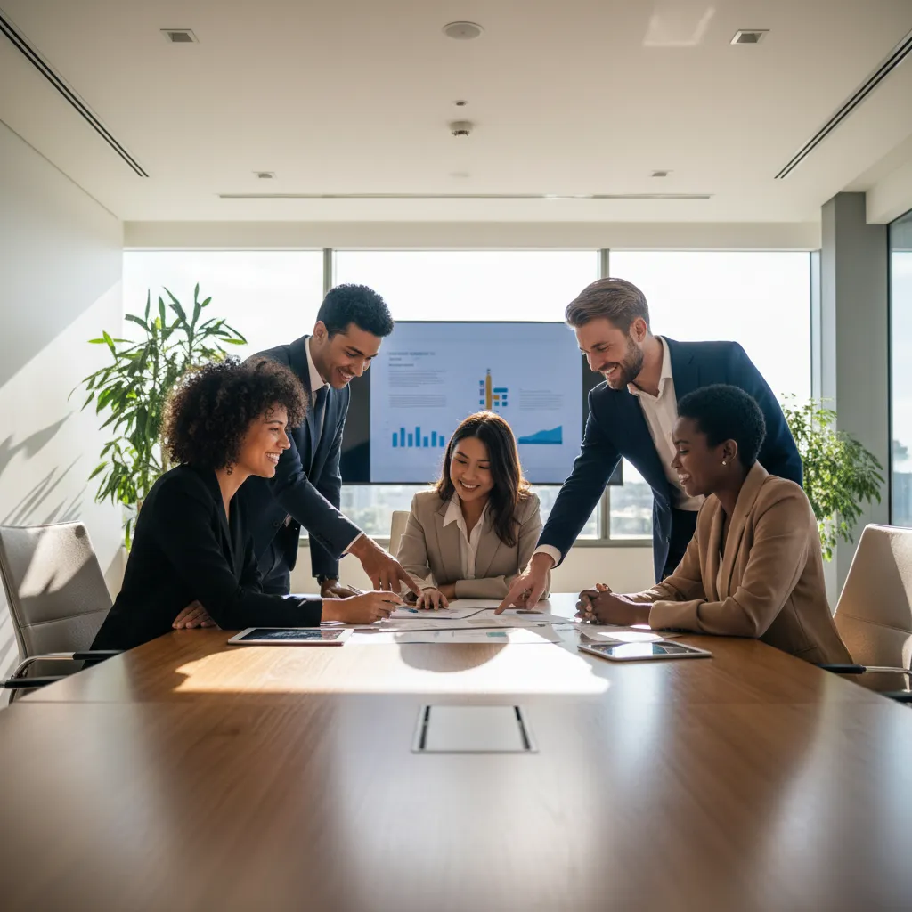 Equipa multicultural de gestores imobiliários portugueses reunida numa sala moderna, analisando documentos e sorrindo, ambiente profissional, luz natural, estilo documental, composição quadrada.