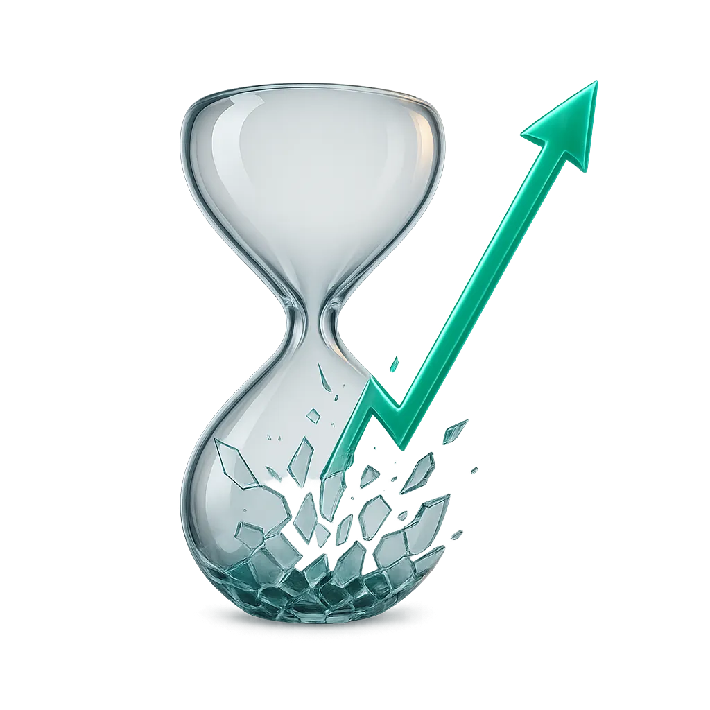 Abstract broken hourglass graphic showing plateau turning upwards