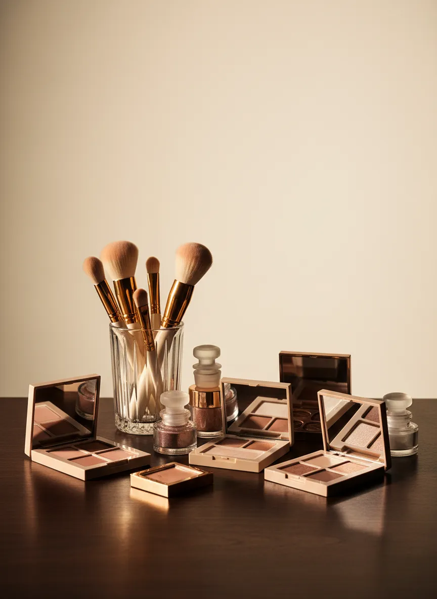 Editorial makeup brushes and station in soft lighting